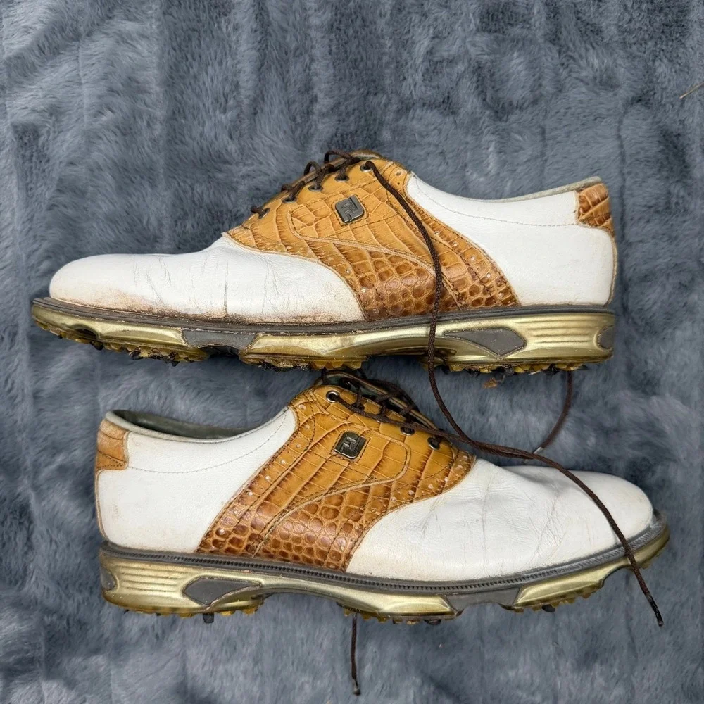 FootJoy DryJoys Tour Golf Shoes Mens 10.5 M White Brown Crocodile Saddle Spiked
